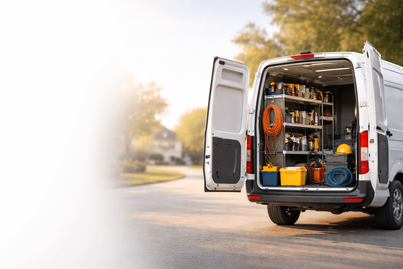 Professional contractor work truck with organized tools