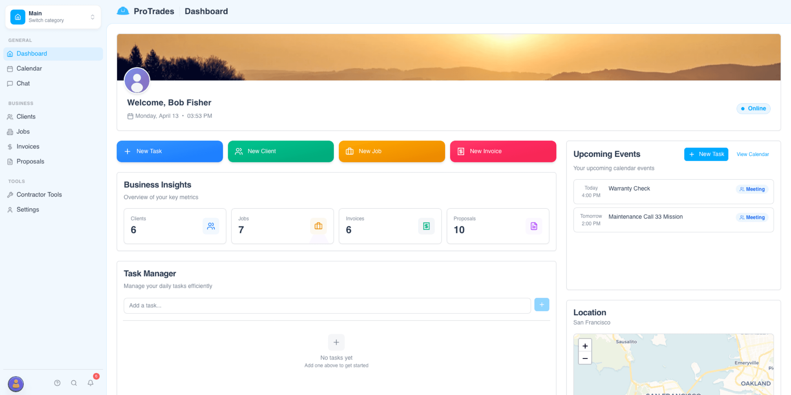 ProTrades dashboard — estimates, proposals, invoicing, and job tracking for contractors