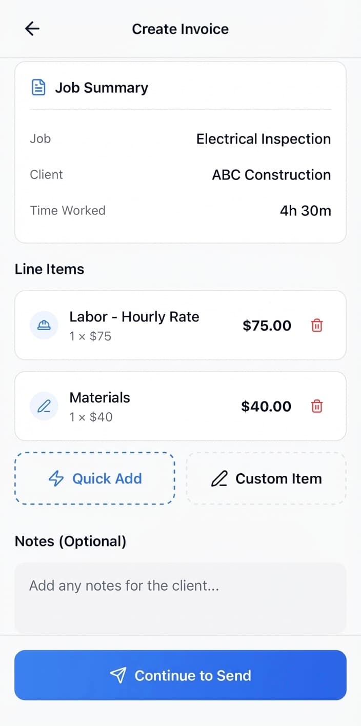 ProTrades mobile app for contractors - create invoices and proposals from the field
